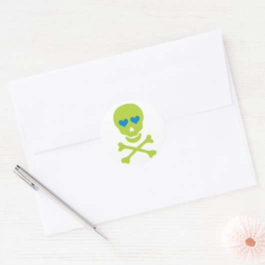 Groene schedelbeenderen & hartelogen ronde sticker (Envelop)