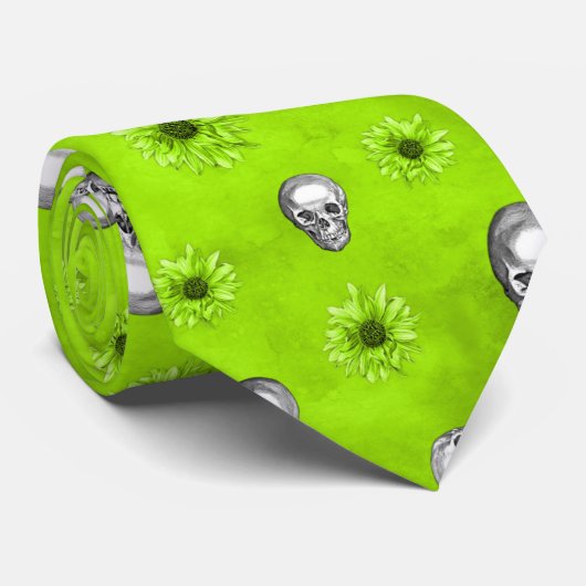 Groene Schedels en Zonnebloem Serie Ontwerp 1 Stropdas (Opgerold)