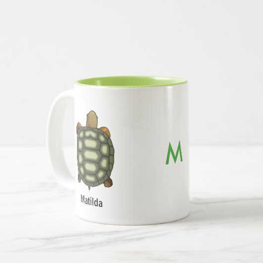 Groene schildpad met bewerkbare naam en monogram tweekleurige koffiemok (Voorkant links)