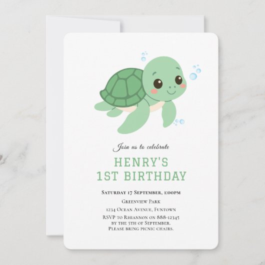 Groene Schildpad Onder het zee 1e verjaardag uitno Kaart (Voorkant)