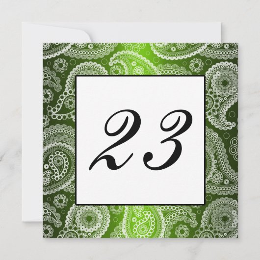 Groene schittering Witte kant Paisley Tafelnummer (Voorkant)