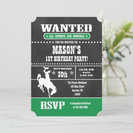 Groene schoolbord Cowboy verjaardagsuitnodiging Kaart (Staand voorkant)