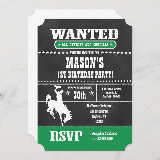 Groene schoolbord Cowboy verjaardagsuitnodiging Kaart (Voorkant / Achterkant)