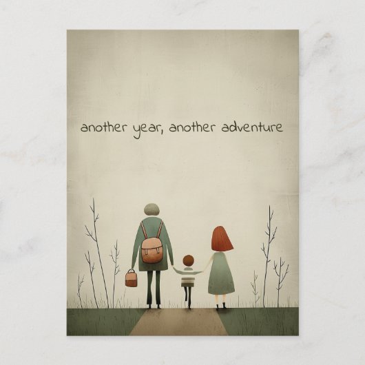 Groene schooljongen en ouders briefkaart (Voorkant)