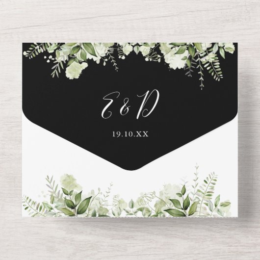 Groene Script Harten Zwart-Wit Trouwen All In One Uitnodiging (Achterkant)