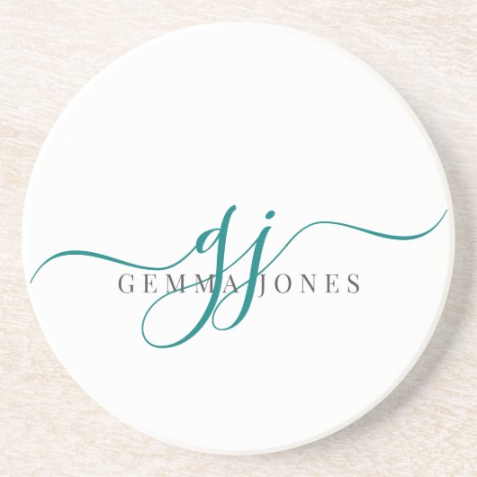 Groene Script Initialen Monogram Minimalist Zandsteen Onderzetter (Voorkant)