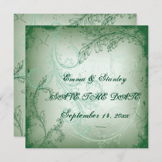 groene scroll leaf bruiloft Save the Date (Voorkant / Achterkant)