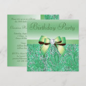 Groene Sequins, Bow & Diamond Birthday Party Kaart (Voorkant / Achterkant)