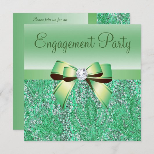 Groene Sequins, Bow & Diamond Engagement Party Kaart (Voorkant / Achterkant)