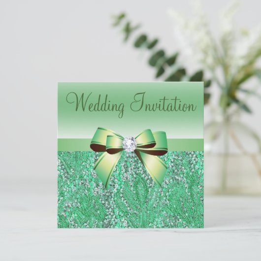 Groene Sequins, Bow & Diamond Wedding Invites Kaart (Staand voorkant)