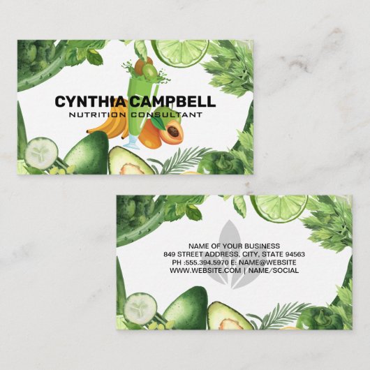 Groene shake van fruit en groenten | voedingsdesku visitekaartje (Voorkant / Achterkant)