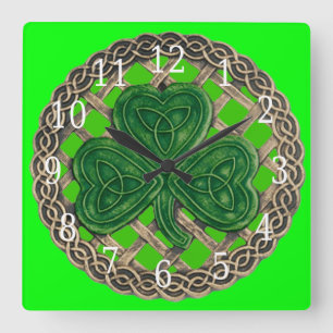 Groene Shamrock and Celtic Knots Square Clock Vierkante Klok