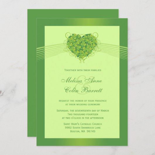 Groene shamrock clovers hart bruiloft-uitnodiging kaart (Voorkant / Achterkant)