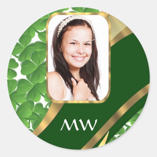 Groene shamrock foto achtergrond ronde sticker (Voorkant)