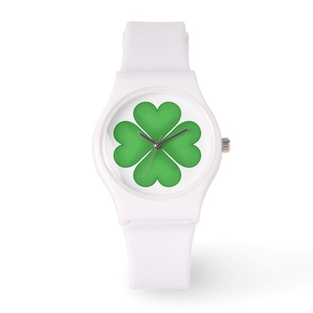 Groene Shamrock Hart Gevormd Lucky Four Leaf Clove Horloge (Voorkant)