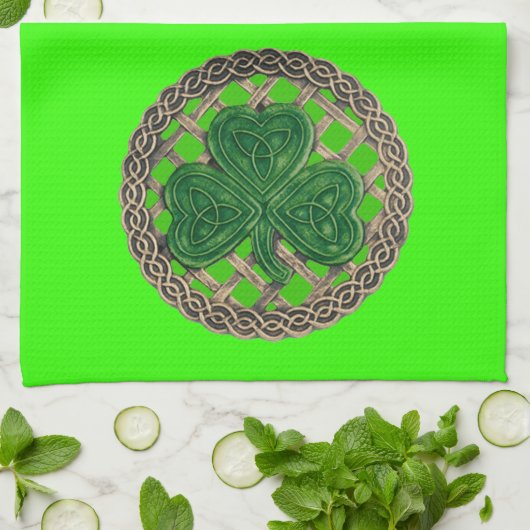 Groene shamrock on Celtic Knots Kitchen Towel Theedoek (Gevouwen)
