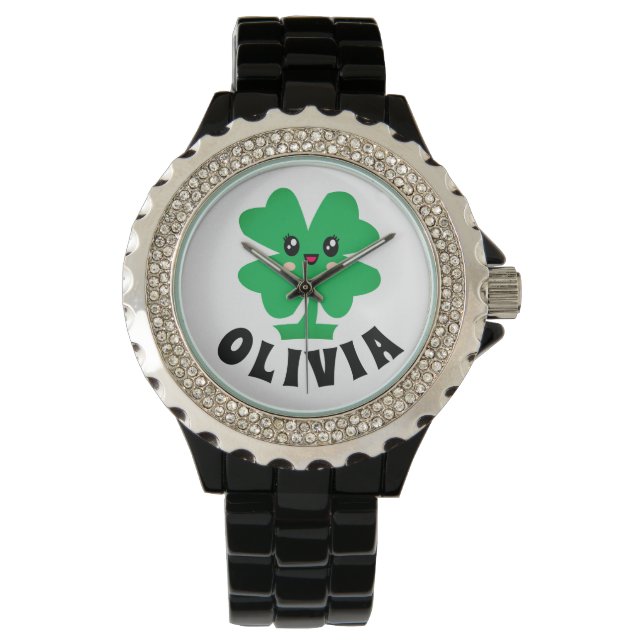 Groene Shamrock Personalized Name Watch Horloge (Voorkant)
