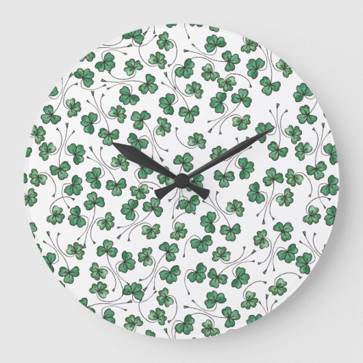 Groene Shamrocks Ditsy Pattern op White Wall Clock Grote Klok (Voorkant)
