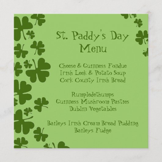 Groene Shamrocks St. Paddy's Day Menu (Voorkant)