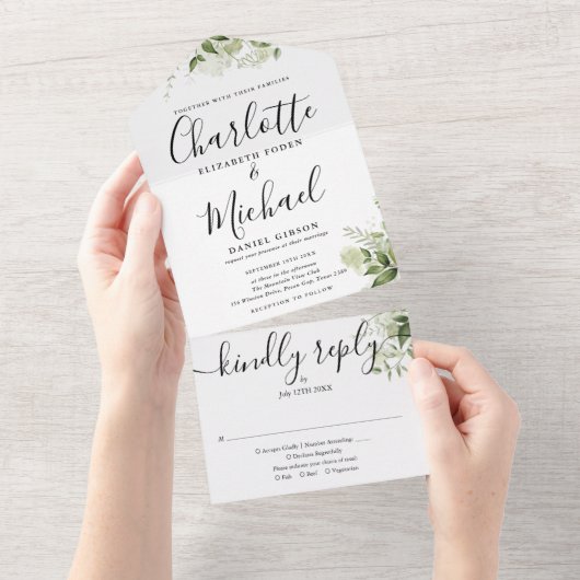 Groene Signature Script Monogram Huwelijk  All In One Uitnodiging (Afscheurbaar)