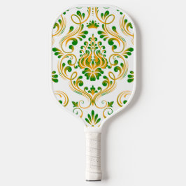 Groene Sinaasappel en Witte Damask Bloemen Pickleball Paddle