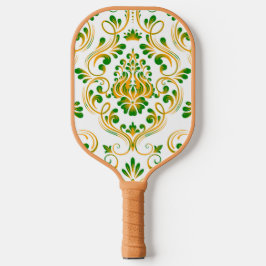 Groene Sinaasappel en Witte Damask Bloemen Pickleball Paddle