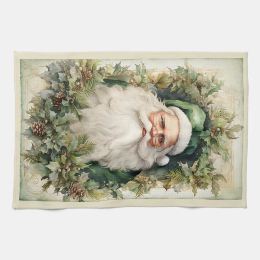 Groene Sinterklaas ingelijst in Kerstmis gebladert Theedoek (Horizontaal)