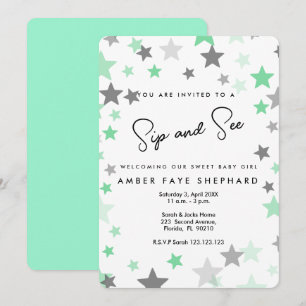 groene Sip en See nodigen uit, nieuwe baby, welkom Kaart