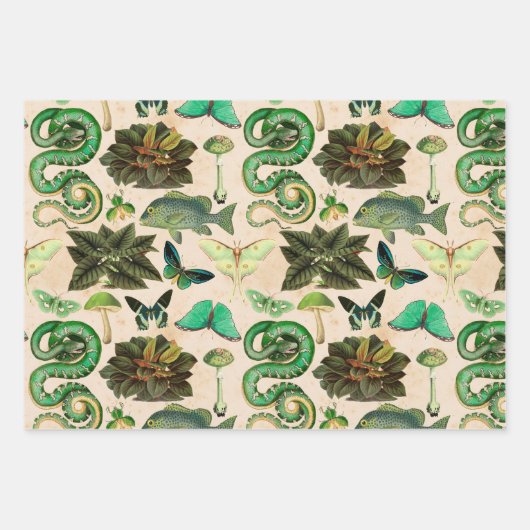 Groene slangen vis en vlinder inpakpapier vel (Voorkant)