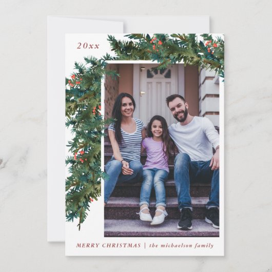 Groene slinger met rode burlap uitstraling foto va feestdagenkaart (Voorkant)