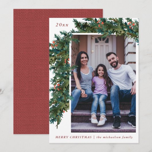 Groene slinger met rode burlap uitstraling foto va feestdagenkaart (Voorkant / Achterkant)