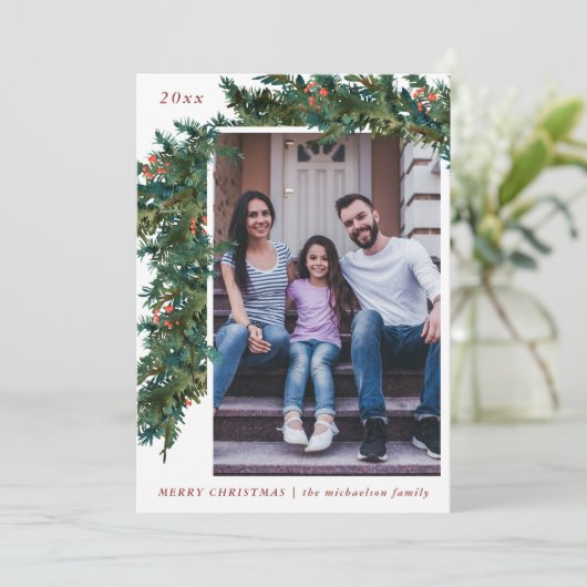 Groene slinger met rode burlap uitstraling foto va feestdagenkaart (Staand voorkant)