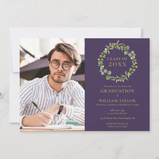 Groene slinger paars foto afstudeerfeest uitnodigi kaart (Voorkant)