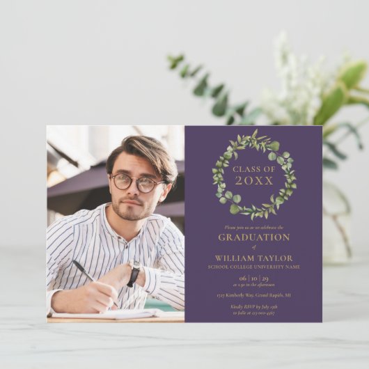 Groene slinger paars foto afstudeerfeest uitnodigi kaart (Staand voorkant)