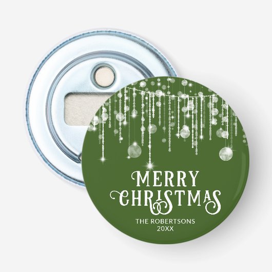 Groene slingerlichten Kerstfeest Button Flesopener (Voorkant)