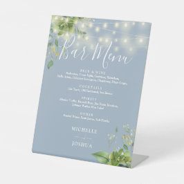Groene Slingerlichtjes Stofblauw Huwelijksbar Menu Reclamebord Met Voetstuk