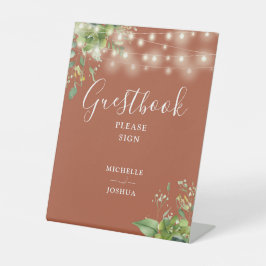 Groene Slingerlichtjes Terracotta Guestbook Reclamebord Met Voetstuk