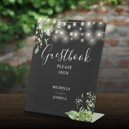 Groene Slingerlichtjes Zwart-Wit Guestbook Reclamebord Met Voetstuk