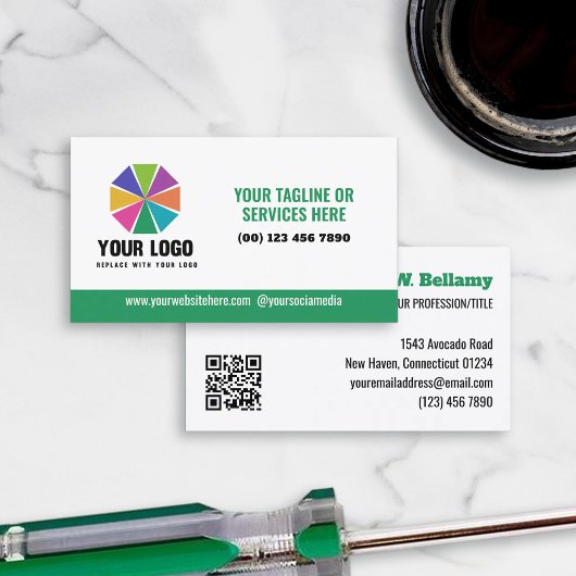 Groene slogan Uw logo hier Bewerkbare QR-code Visitekaartje