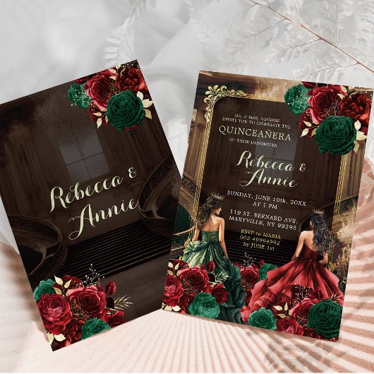 Groene Smaragd en Bourgondië Rode Bloemen Quinceañ Kaart