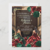 Groene Smaragd en Bourgondië Rode Bloemen Quinceañ Kaart (Voorkant)