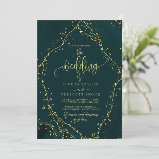 Groene Smaragd Kalligrafie Alles in Een Bruiloft Kaart (Staand voorkant)