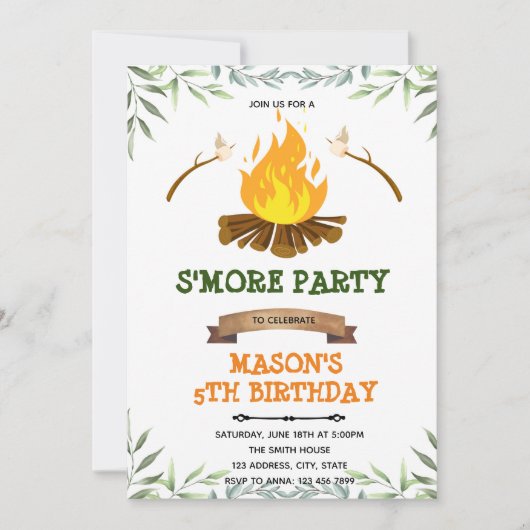 Groene s'more kamp verjaardagsuitnodiging kaart (Voorkant)