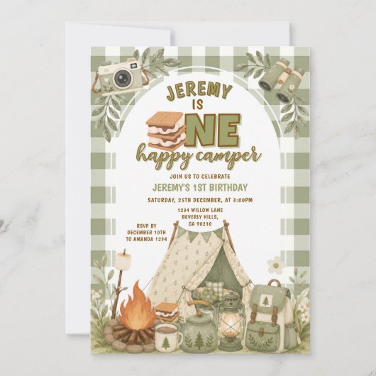 Groene S'mores Camping Jongen Kamperen Gingham Kaart (Voorkant)