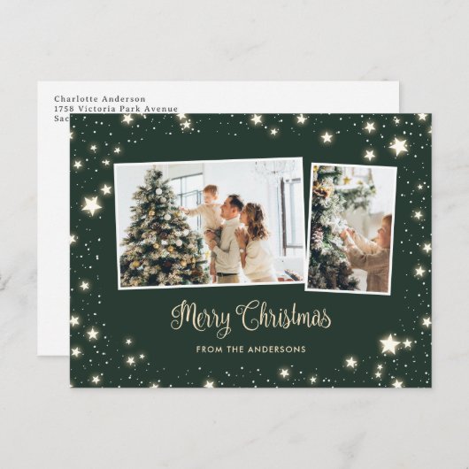 Groene sneeuw met sterren 3 foto's Prettig kerstfe Feestdagenkaart (Voorkant / Achterkant)