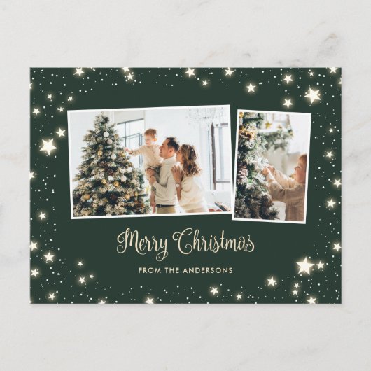 Groene sneeuw met sterren 3 foto's Prettig kerstfe Feestdagenkaart (Voorkant)