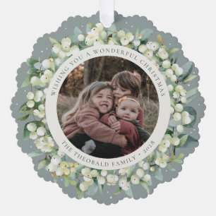 Groene Sneeuwbes+Eucalyptus Kerstkrans Foto Ornament Kaart