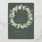 Groene Sneeuwbes + Eucalyptus Krans Winter Wedding Folie Uitnodiging (Voorkant)