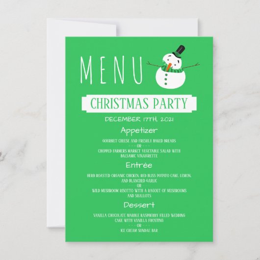 Groene Sneeuwman, Kerstfeest Menu Kaart (Voorkant)