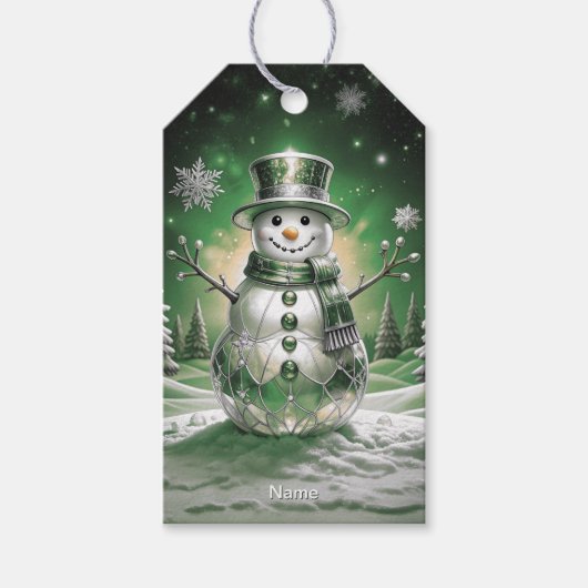 Groene Sneeuwman Sneeuwvlokken Kerst Cadeaubijslui Cadeaulabel (Voorkant)